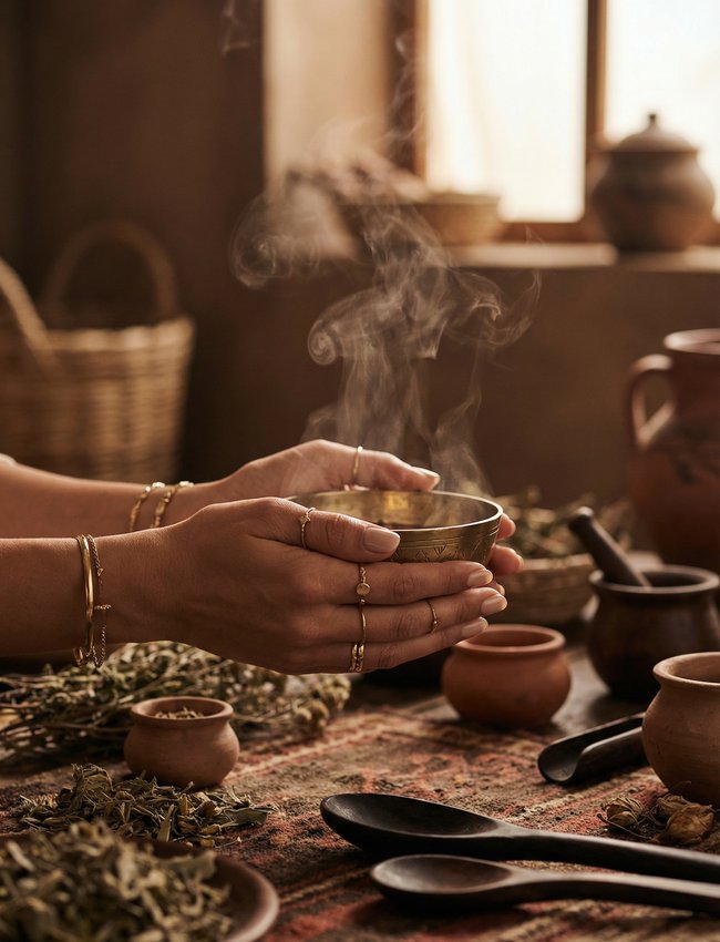 Traditional wellness ritual with herbal steam